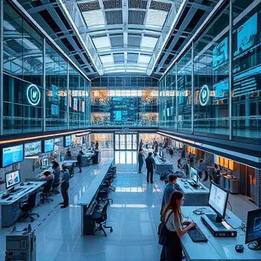 A futuristic university campus with modern technology labs, students working on robotics and AI projects, holographic displays showing data streams, sleek architecture with glass and steel, soft ambient lighting, representing 'tuvpoliteh в мире технологий' (TU Politeh in the World of Technology)