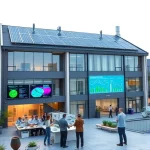 A modern, high-tech university campus building with solar panels on the roof, students collaborating in bright open labs, digital screens displaying energy efficiency metrics, and engineers reviewing data on tablets, all in a clean, professional, and inspiring environment symbolizing improved efficiency through innovation