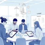 A modern, clean illustration of a diverse team of engineers and designers collaborating in a bright, high-tech innovation lab, sketching product concepts on digital tablets, with 3D prototypes floating in the air, soft ambient lighting, minimalist Scandinavian design, subtle Russian tech company branding elements (like a stylized 'TuVPoliteh' logo on a wall or screen), no text visible in the scene, focus on creativity and innovation