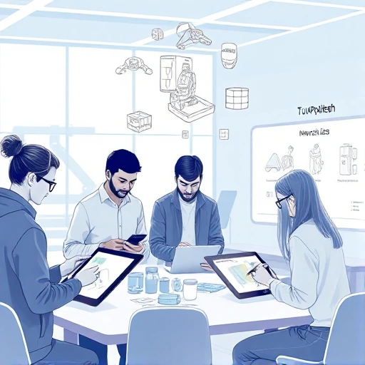A modern, clean illustration of a diverse team of engineers and designers collaborating in a bright, high-tech innovation lab, sketching product concepts on digital tablets, with 3D prototypes floating in the air, soft ambient lighting, minimalist Scandinavian design, subtle Russian tech company branding elements (like a stylized 'TuVPoliteh' logo on a wall or screen), no text visible in the scene, focus on creativity and innovation