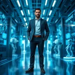 A modern technological leader figure standing confidently in a futuristic innovation hub, surrounded by glowing holographic displays of data streams, robotics, and clean energy systems, wearing sleek professional attire with subtle tech-inspired details, soft ambient lighting with cool blue and silver tones, high detail, photorealistic, smallHQ style