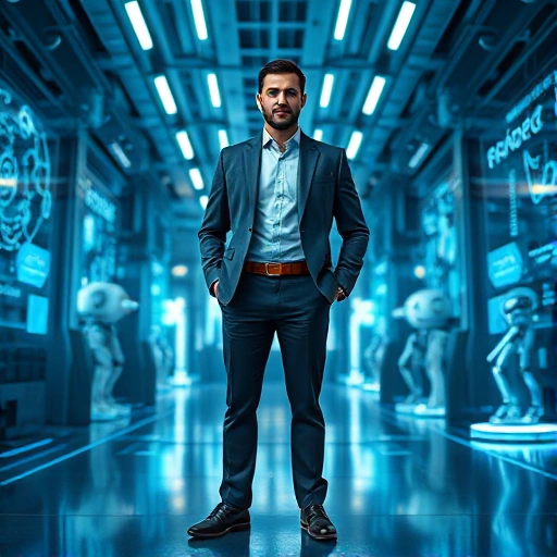 A modern technological leader figure standing confidently in a futuristic innovation hub, surrounded by glowing holographic displays of data streams, robotics, and clean energy systems, wearing sleek professional attire with subtle tech-inspired details, soft ambient lighting with cool blue and silver tones, high detail, photorealistic, smallHQ style