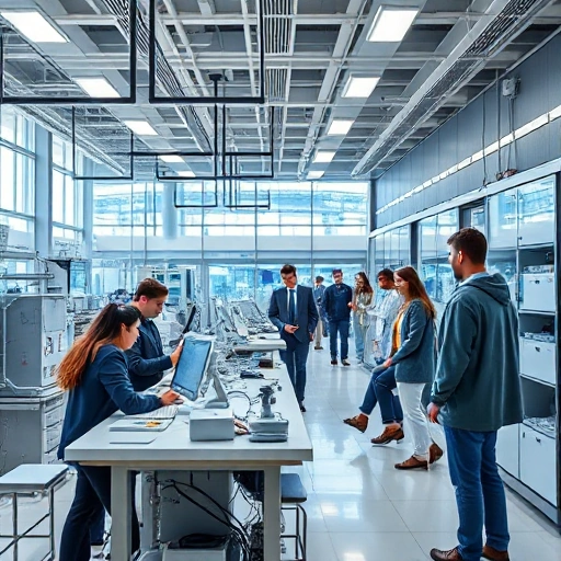 A modern university campus with students and faculty collaborating in a high-tech laboratory, symbolizing challenges and opportunities in technical education, with subtle elements of innovation and progress, in a clean, professional, and inspiring visual style