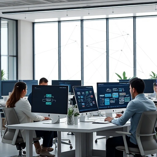 A modern office environment with professionals collaborating at desks, analyzing business process flowcharts on digital screens, subtle icons representing efficiency and optimization, clean minimalist design, soft natural lighting, abstract geometric patterns in the background symbolizing data flow and process improvement