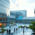 A futuristic university campus with modern glass buildings, solar panels, students collaborating in open learning spaces, holographic displays showing data trends, and a subtle digital overlay of growth charts and innovation symbols, all in a clean, optimistic, high-tech aesthetic