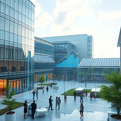 A futuristic university campus with modern glass buildings, solar panels, students collaborating in open learning spaces, holographic displays showing data trends, and a subtle digital overlay of growth charts and innovation symbols, all in a clean, optimistic, high-tech aesthetic
