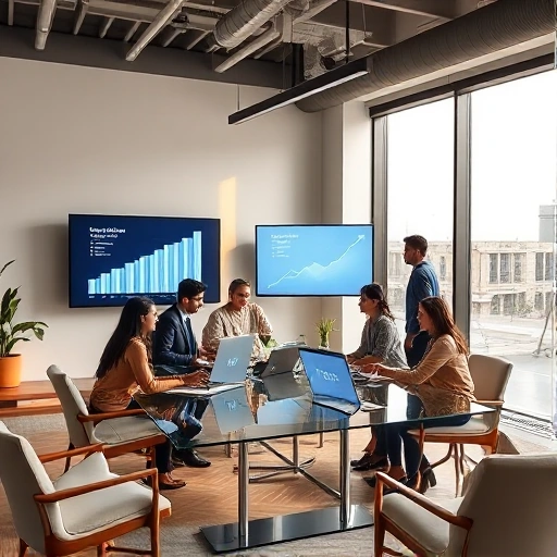 A modern corporate office interior with a diverse team of professionals collaborating at a glass conference table, digital screens displaying growth charts and strategic plans, subtle branding elements with the TuVPoliteh logo in minimalist design, warm natural lighting from large windows, sleek Scandinavian-inspired furniture, and a sense of forward-looking innovation and unity