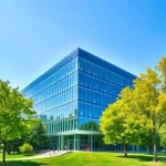 A modern university campus building with sleek glass architecture, surrounded by green trees and a clear blue sky, symbolizing academic excellence and innovation, with subtle abstract patterns resembling circuit boards or data flows integrated into the facade, representing technology and progress, no people visible, focus on the building and environment