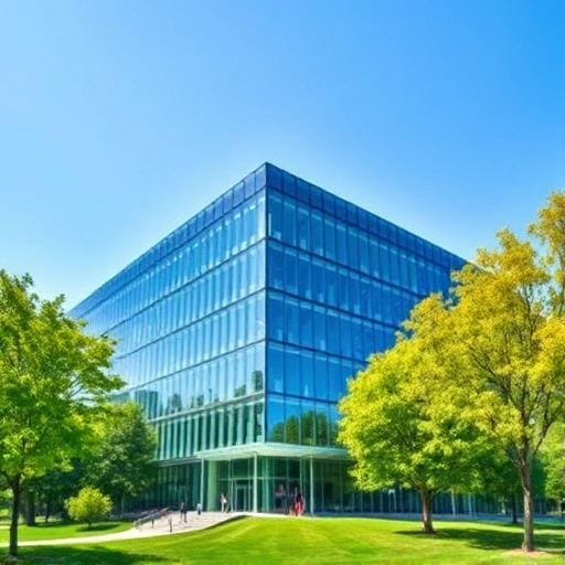 A modern university campus building with sleek glass architecture, surrounded by green trees and a clear blue sky, symbolizing academic excellence and innovation, with subtle abstract patterns resembling circuit boards or data flows integrated into the facade, representing technology and progress, no people visible, focus on the building and environment