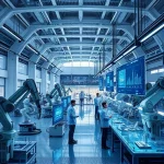 A futuristic engineering facility with sleek, modern architecture, advanced robotic arms assembling precision components, holographic displays showing data flows, engineers in smart uniforms collaborating at transparent workstations, soft ambient lighting with blue and silver tones, conveying innovation and high-tech manufacturing for future industry