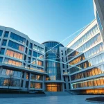 A modern university campus building with digital IoT devices integrated into architecture, showing smart sensors, connected devices, and data flows visualized as glowing lines between structures, representing the intersection of tuvpoliteh (Tashkent University of Information Technologies) and the Internet of Things, daytime, clear sky, futuristic yet realistic aesthetic
