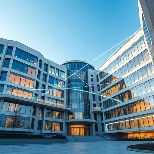 A modern university campus building with digital IoT devices integrated into architecture, showing smart sensors, connected devices, and data flows visualized as glowing lines between structures, representing the intersection of tuvpoliteh (Tashkent University of Information Technologies) and the Internet of Things, daytime, clear sky, futuristic yet realistic aesthetic