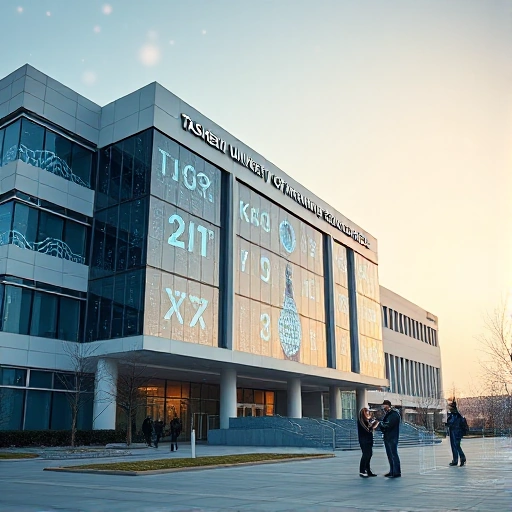 A modern university campus building with digital technology elements such as holographic displays, data streams, and students using tablets and laptops, symbolizing the integration of tuvpoliteh (Tashkent University of Information Technologies) and digital technologies, in a clean, futuristic, high-detail style