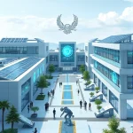 A modern university campus in Tashkent with futuristic technology labs, students collaborating on AI and robotics projects, solar panels on buildings, holographic displays showing data streams, and a subtle emblem of 'Tuvpoliteh' integrated into the architecture, all in a clean, high-detail, realistic style
