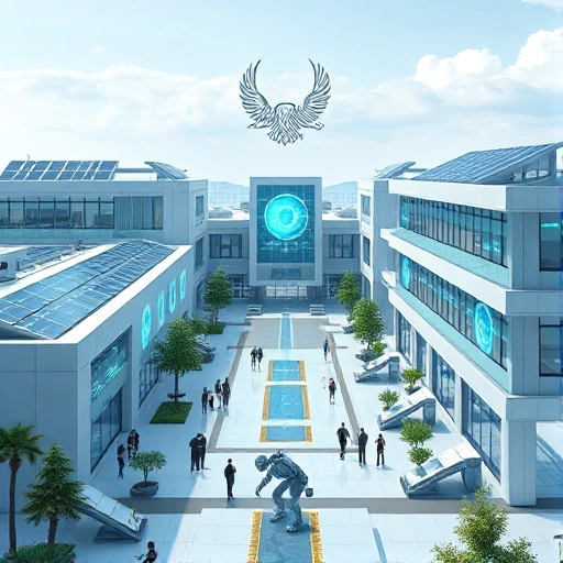 A modern university campus in Tashkent with futuristic technology labs, students collaborating on AI and robotics projects, solar panels on buildings, holographic displays showing data streams, and a subtle emblem of 'Tuvpoliteh' integrated into the architecture, all in a clean, high-detail, realistic style