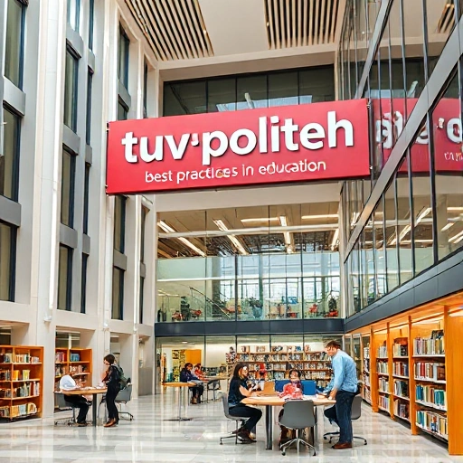 A modern university campus building with clean architectural lines, students studying in a bright library, collaborative group work in a tech lab, and a banner displaying 'tuvpoliteh' in a professional font, all conveying academic excellence and best practices in education