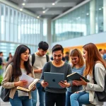 A modern educational scene showing diverse students engaged in collaborative learning at a university campus, with books, laptops, and interactive digital displays, symbolizing training and development, in a bright, inspiring environment with subtle architectural elements suggesting a technical institute
