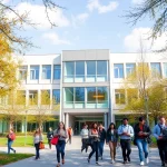 A modern university campus building with students walking outside, some holding laptops and books, others discussing in groups, under a clear sky with trees in the background, representing the advantages and disadvantages of studying at TUV Politeh in a balanced, neutral visual metaphor