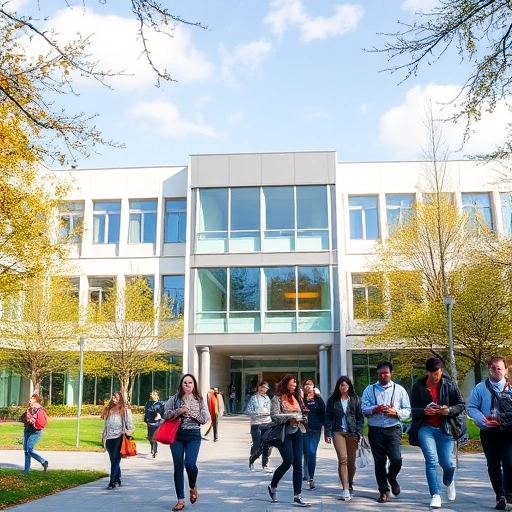 A modern university campus building with students walking outside, some holding laptops and books, others discussing in groups, under a clear sky with trees in the background, representing the advantages and disadvantages of studying at TUV Politeh in a balanced, neutral visual metaphor