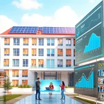 A modern educational campus building with solar panels on the roof, students collaborating in a bright tech lab with holographic displays, and a digital dashboard showing rising efficiency metrics, all in a clean, futuristic, high-detail style