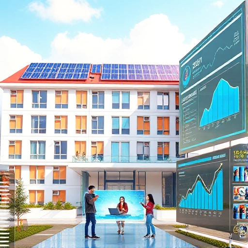 A modern educational campus building with solar panels on the roof, students collaborating in a bright tech lab with holographic displays, and a digital dashboard showing rising efficiency metrics, all in a clean, futuristic, high-detail style