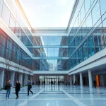A modern university campus building with digital technology elements such as holographic displays, data streams, and students using tablets and laptops, symbolizing the integration of tuvpoliteh and digital technologies, clean futuristic aesthetic, soft natural lighting, high detail