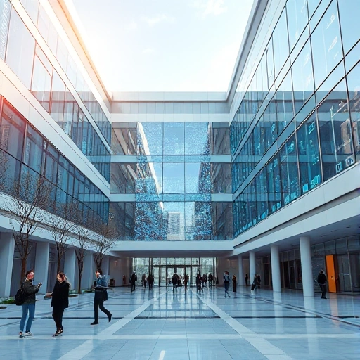 A modern university campus building with digital technology elements such as holographic displays, data streams, and students using tablets and laptops, symbolizing the integration of tuvpoliteh and digital technologies, clean futuristic aesthetic, soft natural lighting, high detail
