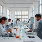 A modern university laboratory interior with students and professors conducting scientific experiments, featuring glass beakers, microscopes, digital displays, and blueprints on tables, soft natural lighting from large windows, minimalist design, high detail, realistic rendering