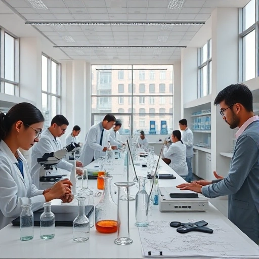 A modern university laboratory interior with students and professors conducting scientific experiments, featuring glass beakers, microscopes, digital displays, and blueprints on tables, soft natural lighting from large windows, minimalist design, high detail, realistic rendering