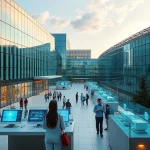 A futuristic university campus in Uzbekistan with modern glass buildings, solar panels, students using holographic displays and robotics labs, symbolizing technological progress at Tuvpoliteh, soft daylight, clean lines, high detail, no text or symbols