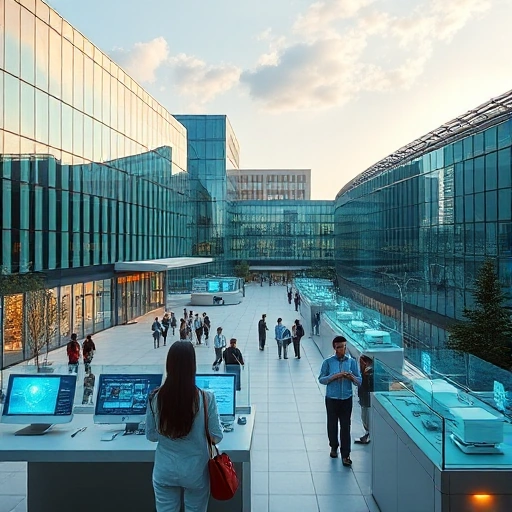 A futuristic university campus in Uzbekistan with modern glass buildings, solar panels, students using holographic displays and robotics labs, symbolizing technological progress at Tuvpoliteh, soft daylight, clean lines, high detail, no text or symbols