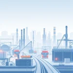 A modern industrial overview scene showing factories, machinery, and technological infrastructure in a clean, minimalist style with soft lighting and subtle gradients, representing the 'tuvpoliteh: обзор индустрии' concept