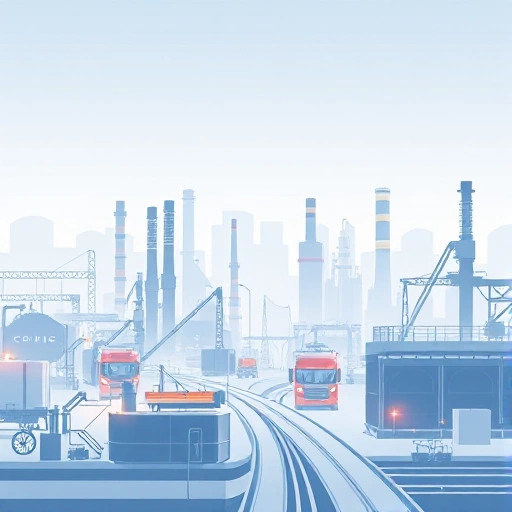 A modern industrial overview scene showing factories, machinery, and technological infrastructure in a clean, minimalist style with soft lighting and subtle gradients, representing the 'tuvpoliteh: обзор индустрии' concept