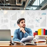 A person studying at a modern technical university, surrounded by books, laptops, and engineering diagrams, with a thoughtful expression, symbolizing how education at tuvpoliteh applies to real-life problem-solving and career growth