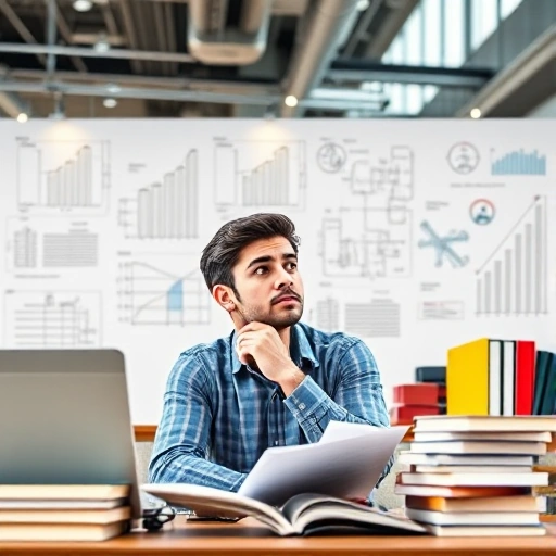 A person studying at a modern technical university, surrounded by books, laptops, and engineering diagrams, with a thoughtful expression, symbolizing how education at tuvpoliteh applies to real-life problem-solving and career growth