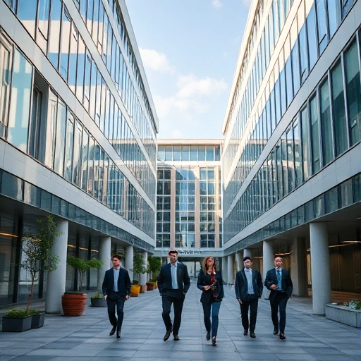 A modern university campus with students in professional attire walking between buildings, symbolizing career prospects at Tuvpoliteh, with subtle icons of technology and engineering in the background, realistic lighting, high detail, smallHQ style