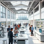 A modern university campus with students collaborating on innovative technology projects, featuring robotics, renewable energy prototypes, and digital design labs, bright natural lighting, diverse group of young people working together, sleek architectural details, futuristic yet realistic aesthetic