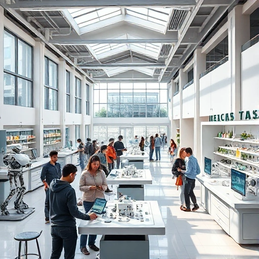 A modern university campus with students collaborating on innovative technology projects, featuring robotics, renewable energy prototypes, and digital design labs, bright natural lighting, diverse group of young people working together, sleek architectural details, futuristic yet realistic aesthetic