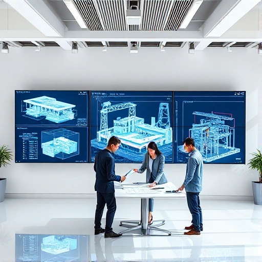A modern engineering design team collaborating in a bright, high-tech office with large screens displaying CAD models, blueprints, and 3D renderings of industrial structures; engineers in professional attire discussing plans around a central table with tablets and drafting tools; subtle university branding in the background, clean minimalist aesthetic, soft natural lighting, focus on precision and innovation