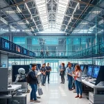 A modern university campus with innovative technology labs, students collaborating on robotics and AI projects, futuristic architecture with glass and steel, digital displays showing data streams, renewable energy elements like solar panels, diverse group of young engineers and scientists working together in bright, open spaces, conveying progress and technological advancement
