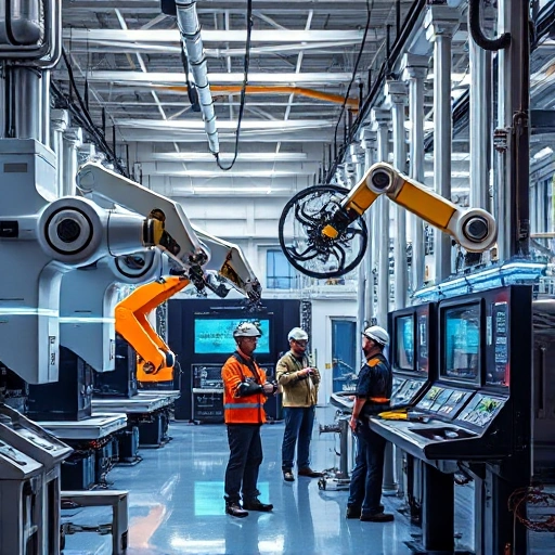 A modern engineering technology scene featuring sleek industrial machinery, robotic arms in a high-tech factory, digital control panels with glowing interfaces, engineers in safety gear collaborating near advanced equipment, clean lines, precision engineering aesthetic, soft ambient lighting, futuristic yet realistic, no text or signage