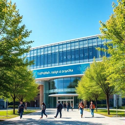 A modern university campus building with sleek glass and steel architecture, surrounded by green trees and a clear blue sky, students walking with backpacks, a banner in Russian reading 'TuVPoliteh: наука и практика' subtly integrated into the building's facade without adding extra text or letters to the image, scientific symbols like atoms and gears faintly visible in the background as abstract patterns, realistic lighting, high detail, smallHQ style