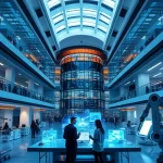 A modern university campus with futuristic architecture, students collaborating in a high-tech lab with holographic displays and robotic arms, symbolizing innovation and technological advancement at tuvpoliteh