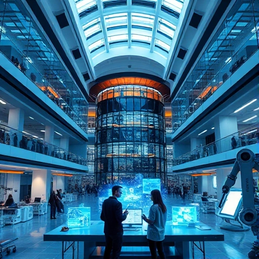 A modern university campus with futuristic architecture, students collaborating in a high-tech lab with holographic displays and robotic arms, symbolizing innovation and technological advancement at tuvpoliteh