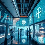 A futuristic innovation hub with sleek modern architecture, glowing holographic displays showing advanced engineering concepts, diverse scientists collaborating in a high-tech lab environment, subtle references to tuvpoliteh in abstract geometric patterns on walls, soft ambient lighting, ultra-detailed, 8K resolution