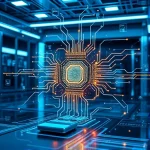 A futuristic technological breakthrough scene showing a glowing quantum processor with intricate circuit patterns, surrounded by floating holographic data streams and abstract representations of innovation, set in a sleek, high-tech laboratory with soft blue and silver lighting, emphasizing progress and advanced science
