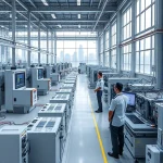 A modern industrial enterprise with sleek, high-tech machinery, automated production lines, digital control panels, and engineers in smart uniforms monitoring systems, set in a bright, spacious factory with large windows showing a city skyline in the background, conveying innovation and efficiency