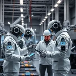A modern industrial scene showing advanced manufacturing technologies, engineers in high-tech workwear collaborating with robotic arms and digital interfaces, futuristic factory environment with glowing data streams, clean lines, precision engineering, and innovative automation, all in a professional and inspiring atmosphere