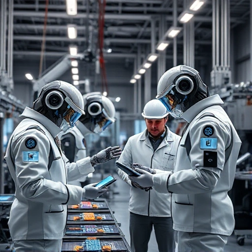 A modern industrial scene showing advanced manufacturing technologies, engineers in high-tech workwear collaborating with robotic arms and digital interfaces, futuristic factory environment with glowing data streams, clean lines, precision engineering, and innovative automation, all in a professional and inspiring atmosphere