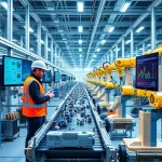 A modern industrial factory interior with engineers in safety gear analyzing data on digital screens, automated robotic arms assembling parts, conveyor belts with precision components, and charts showing improved production efficiency, all in a clean, high-tech environment with soft blue and white lighting